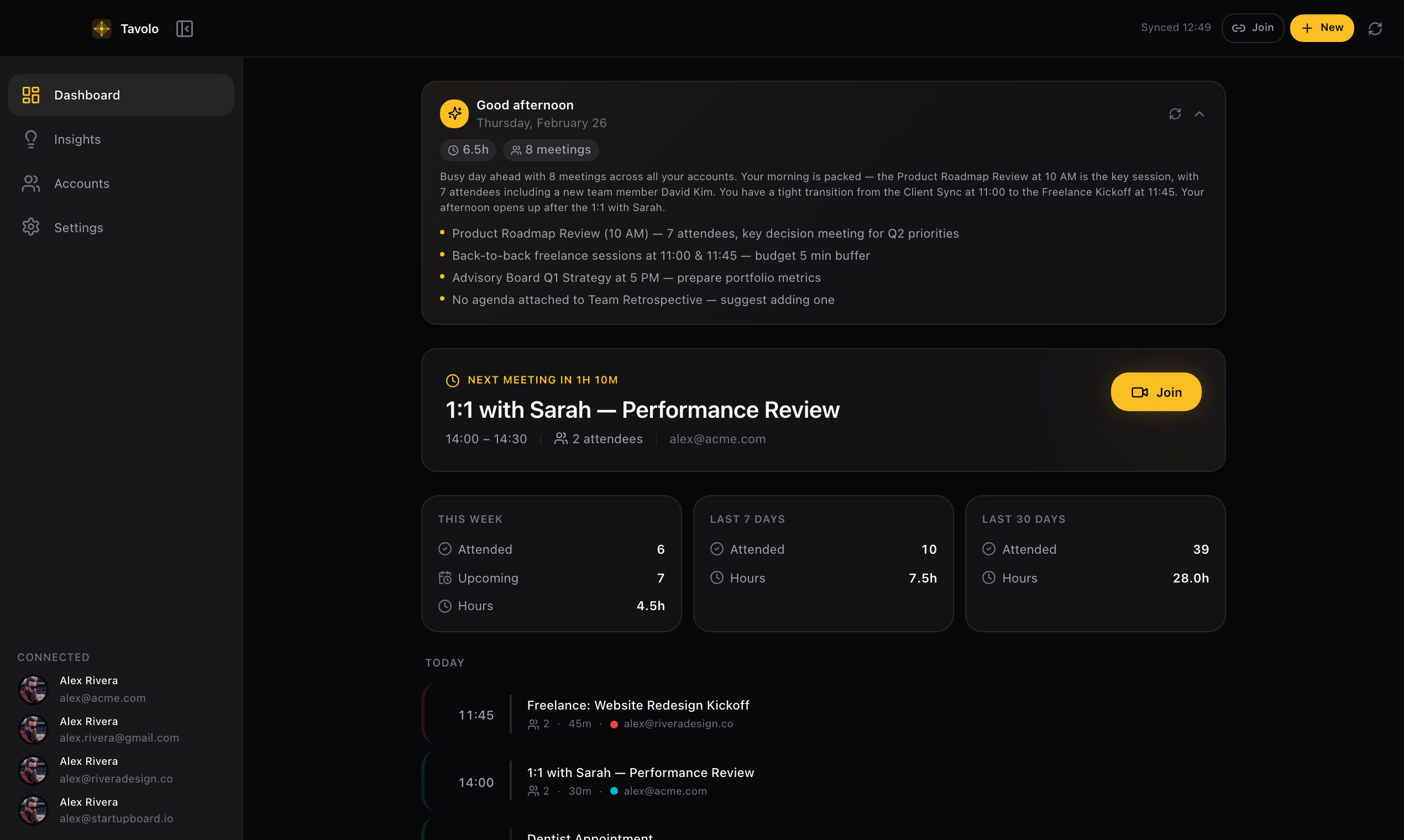 Tavolo app dashboard showing AI daily briefing, today's meetings with join buttons, and connected Google accounts