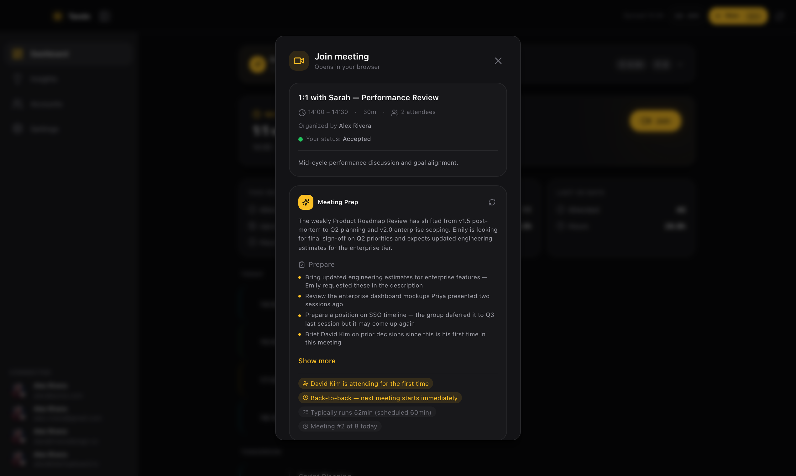 Meeting details with AI prep brief, signals, attendee notes, and join options