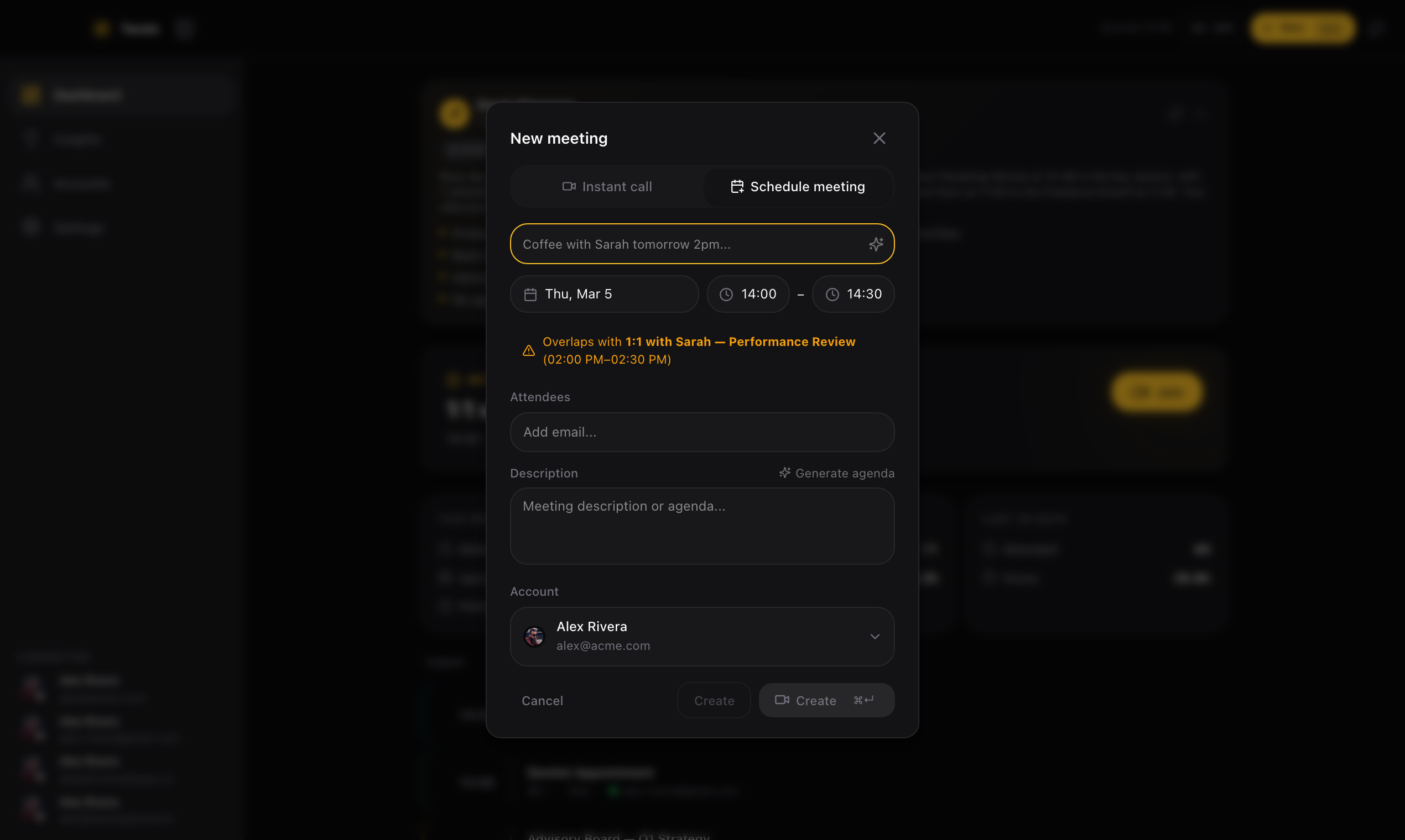 Create meeting dialog with scheduling, attendees, and description