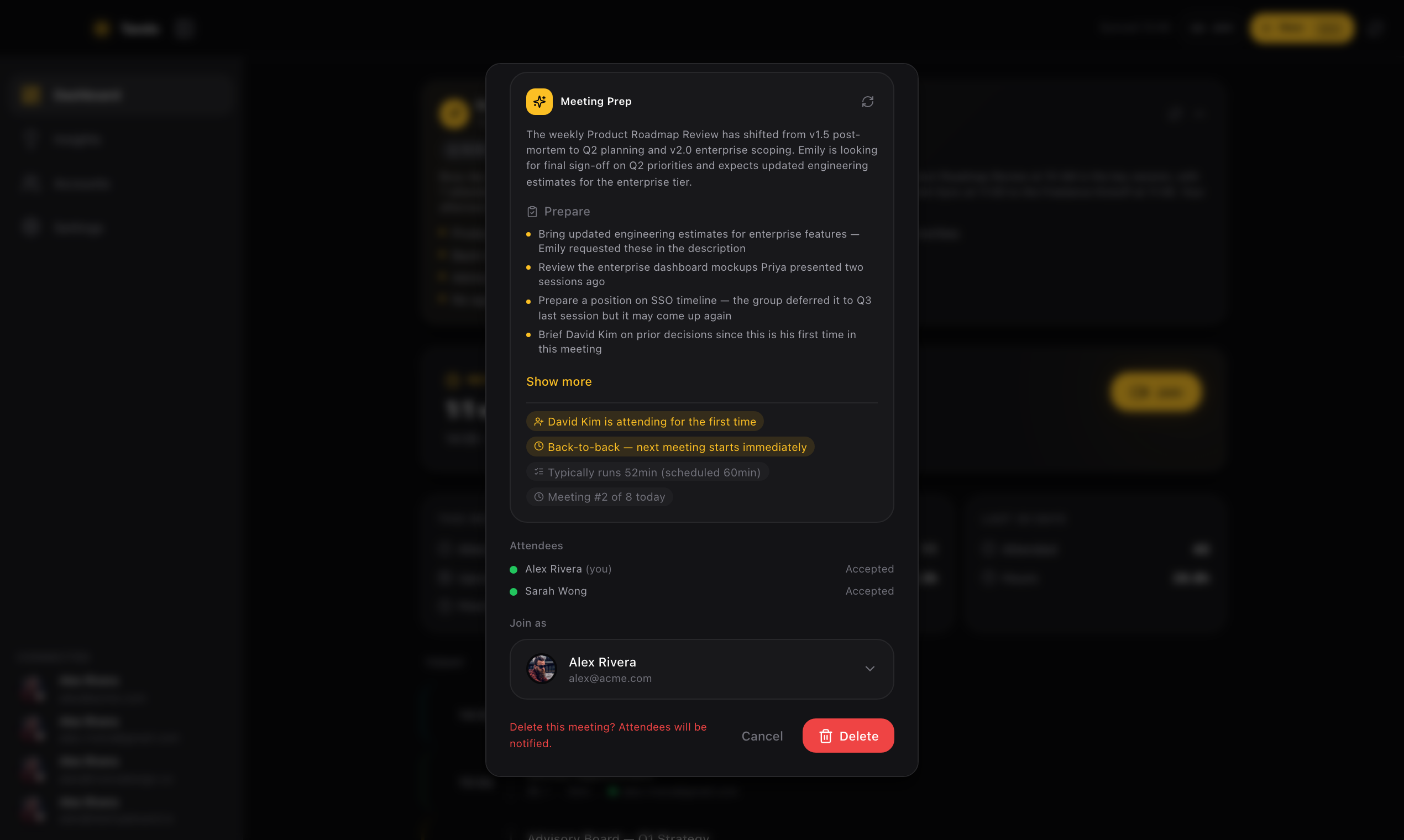 Meeting deletion confirmation with attendee notification warning