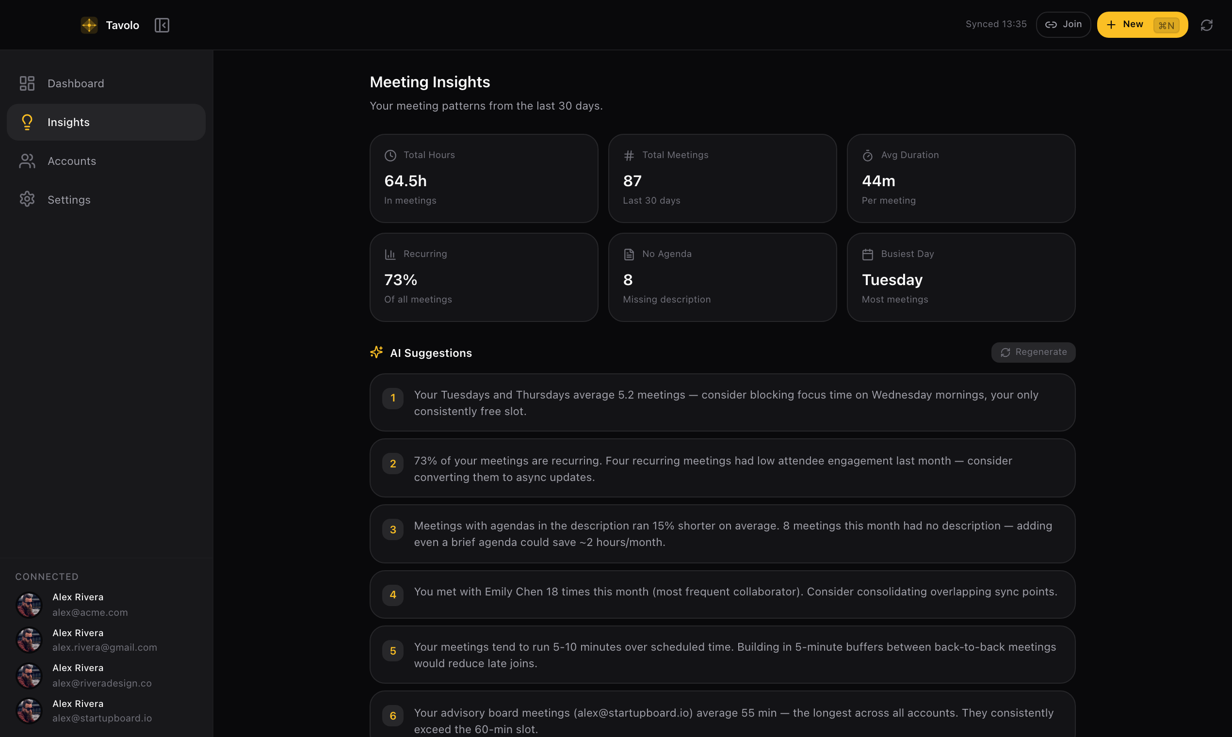 AI meeting insights with statistics and optimization suggestions