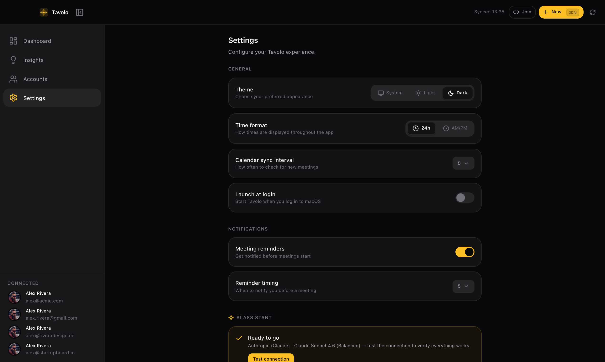 Settings with theme, notifications, and AI assistant configuration